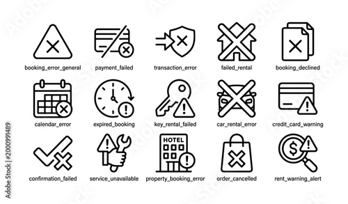 Icon set showing booking and payment error symbols on white