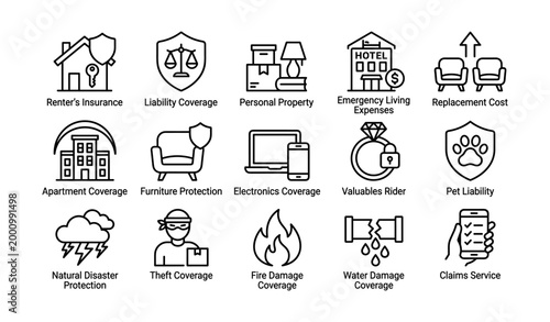 Renter insurance icons showing coverage types in grid
