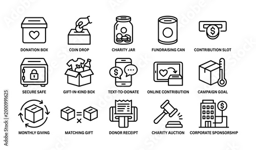 Donation icons showing fundraising concepts on white background