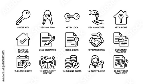 Real estate key and closing process icons arranged on white background