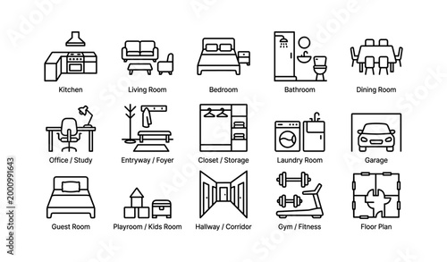 Interior room icons showing labeled home spaces on white background