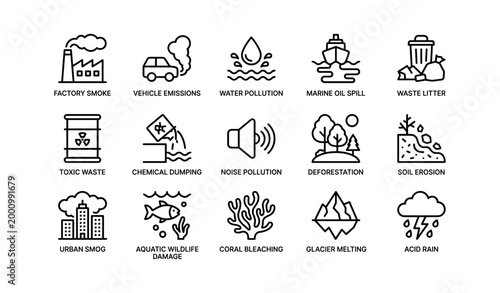 Environmental hazard icons arranged in grid on white background