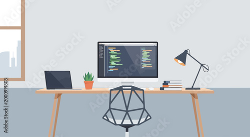 Modern Coding Workspace with Computer Screen Showing Code