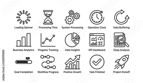 Data processing and analytics icons showing time and progress symbols
