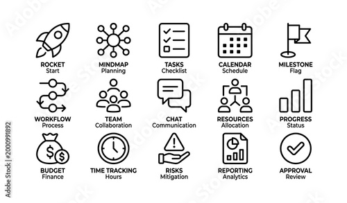 Project management icons depicting planning tasks and progress