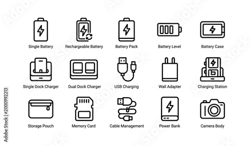 Battery icons showing charging accessories on white background