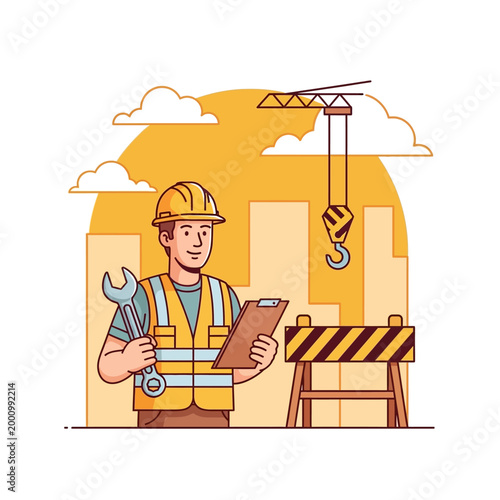 Construction worker in a hard hat and safety vest holding a wrench and clipboard with a crane and buildings in the background.