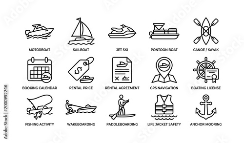 Watercraft rental icons showing boats activities and safety gear