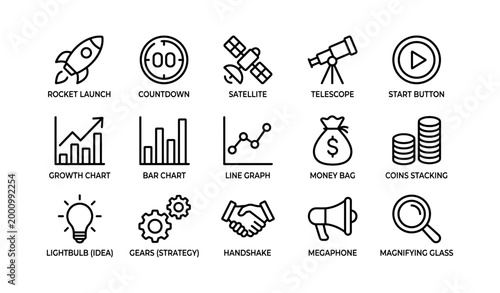 Rocket and business icons arranged in grid on white background
