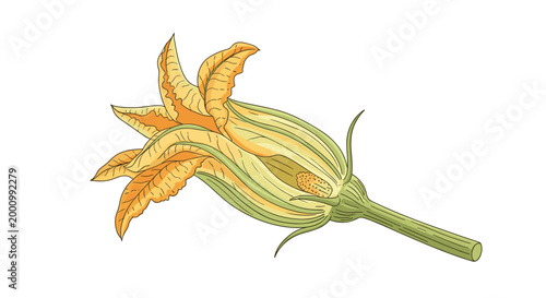 A delicate zucchini flower illustration, showcasing its vibrant yellow petals and intricate internal structure, representing the beauty of nature and fresh garden produce.