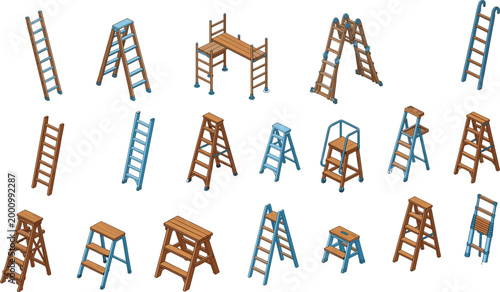 Isometric vector illustration set of various industrial and domestic ladders including stepladders scaffolding and extension ladders for construction