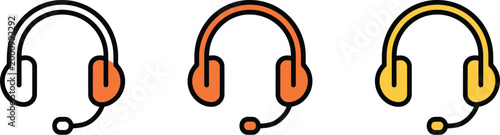 Headset icon set, orange and yellow colored symbols representing customer support call center communication and audio service interface design elements.