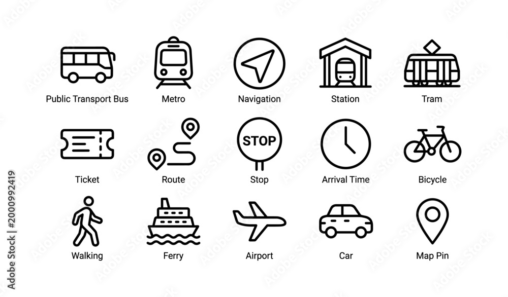 Fototapeta premium Transportation and navigation icons for transit on white background