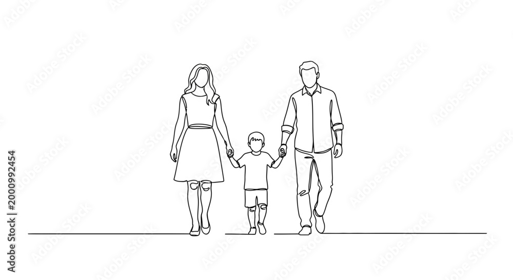 Obraz premium Continuous line drawing of a happy family walking together.