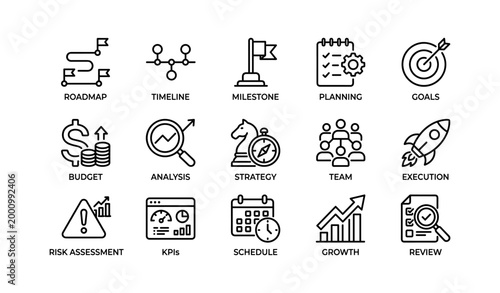 Project planning icons showing roadmap goals and execution on white