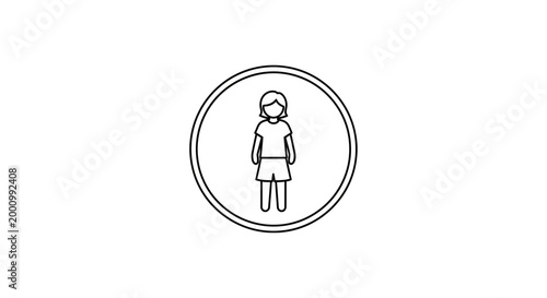 Minimalist line art icon of a young girl standing inside a circular frame.