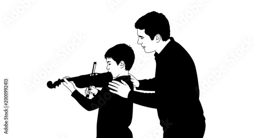 A dedicated male teacher guiding a young boy learning to play the violin.