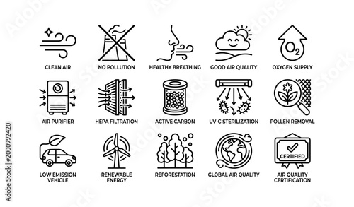 Air quality icons showing purification and sustainability on white