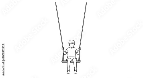 A simple black and white line art illustration of a young boy sitting on a swing.