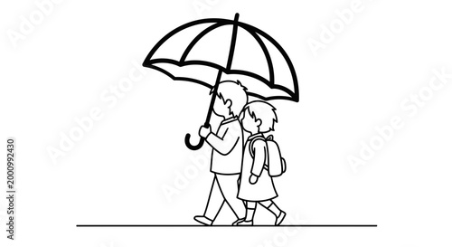 Black and white line art illustration of a boy and a girl walking together under an umbrella.
