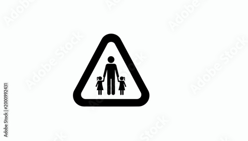 Black and white warning sign featuring a parent walking with two children.