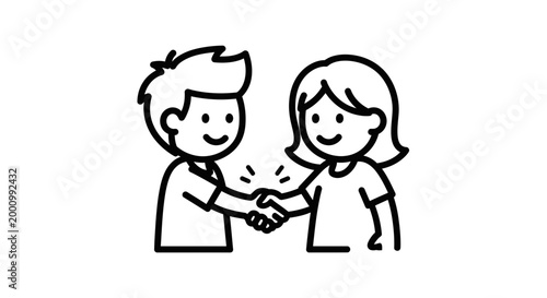 A simple black and white line art illustration of a man and a woman shaking hands.