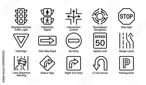 Collection of road and traffic sign icons on white background