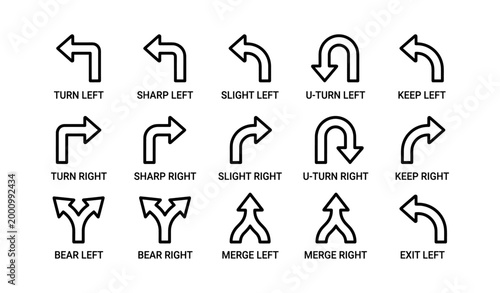Road direction arrows and turn icons on white background