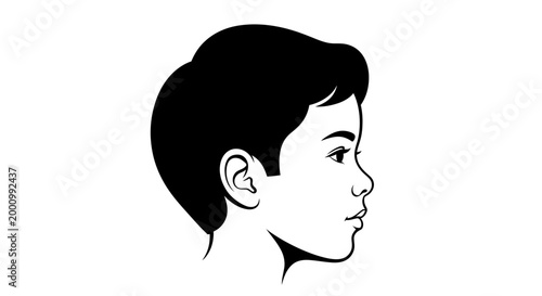 Black and white line art illustration of a young boy profile.