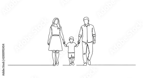 Continuous line drawing of a happy family walking together.