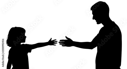 Silhouette of a father and child reaching out to each other.