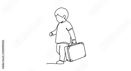 Continuous line drawing of a little boy walking with a suitcase.