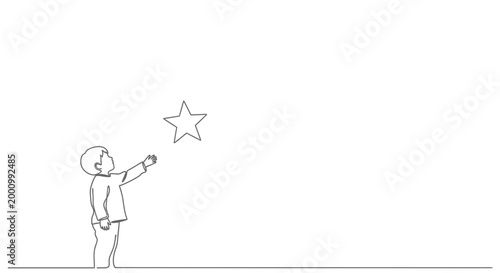 A minimal line art drawing of a young child reaching for a floating star.