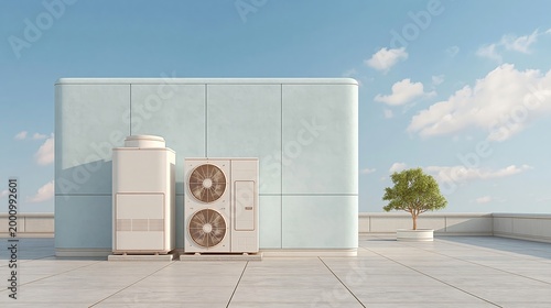 Air conditioning units installed on a rooftop terrace with a light blue wall and a small tree under a clear sky with scattered clouds in the background