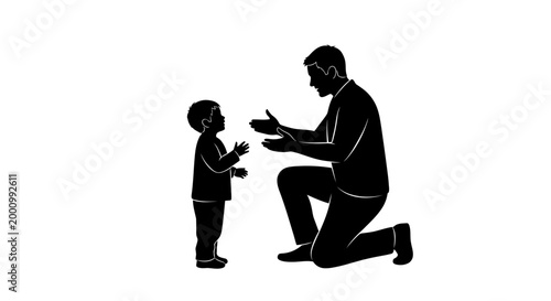 Silhouette illustration of a father kneeling down to talk with his young child.
