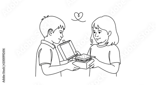 A young boy giving a gift box to a girl in a line art illustration.