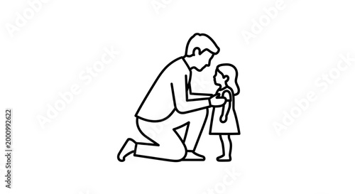 Father Kneeling Down Talking to His Little Daughter Line Art Illustration.