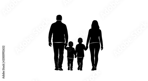 Black silhouette of a young family of four walking together holding hands.