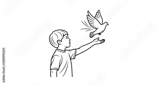 A young boy releasing a white dove into the air line art illustration.