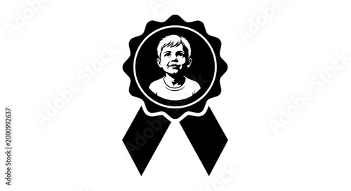 Black and white badge icon with a child portrait illustration.