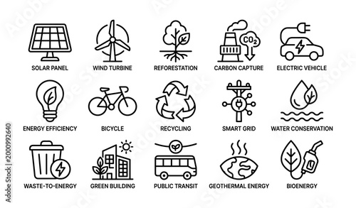 Sustainability and energy icons arranged in grid layout