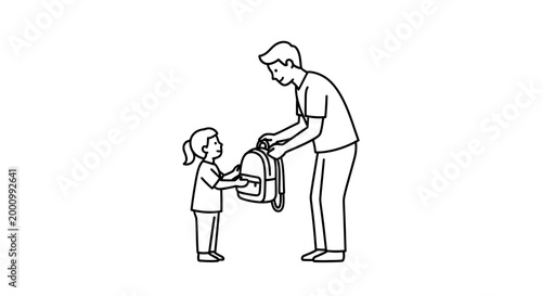 Father helping his little daughter with her school backpack.