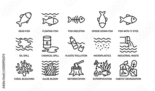 Marine pollution and ecosystem damage icons showing contaminated waters