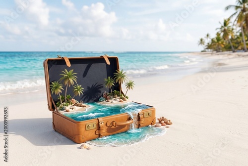 Creative travel concept featuring an open suitcase with a miniature tropical island and ocean inside on a sunny beach. Surreal vacation scene symbolizing tourism, escape, adventure.