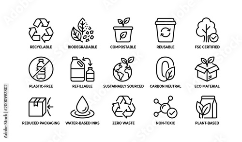 Sustainability icons showing eco labels in grid on white