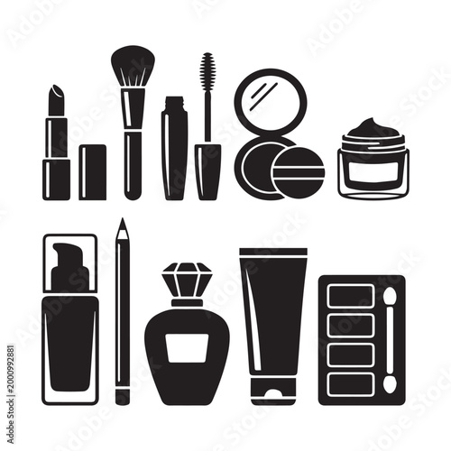 Set of black cosmetic and beauty makeup product icons isolated on white