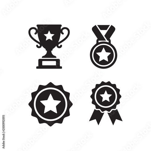 Achievement and Success Icon Set with Trophy and Ribbon
