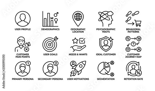 User persona and customer journey icons for ux research