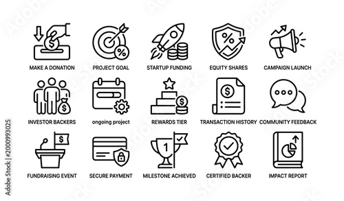 Crowdfunding icons illustrating fundraising actions on white background