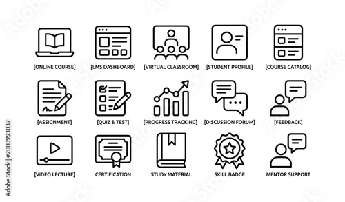 E learning platform icons arranged in grid on white background